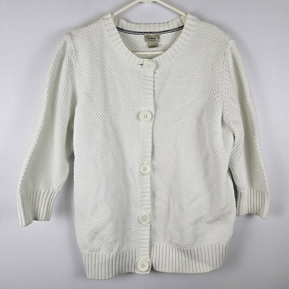 L.L. Bean Women's Chunky Knit 100% Cotton 3/4 Sleeve Cardigan in White Size XL - Picture 1 of 9
